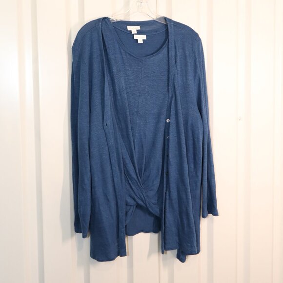 J. Jill Love Linen Womens Blue Twist Front Tank and Cardigan Twin Set Size XL - Picture 1 of 9